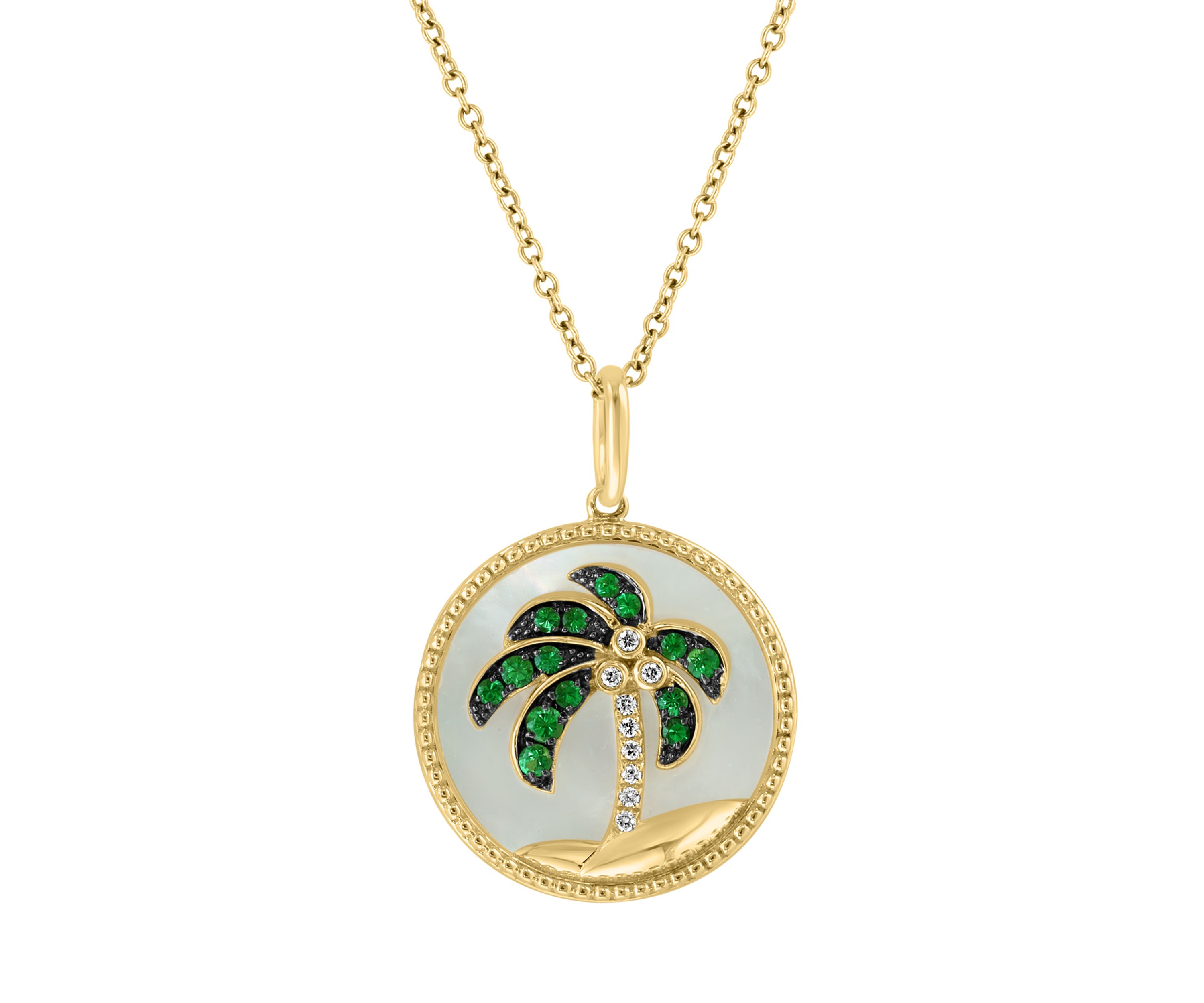 1/10 ct. t.w. Diamond, 4 ct. t.w. Tsavorite, Mother of Pearl Pendant Necklace in 14K Yellow Gold