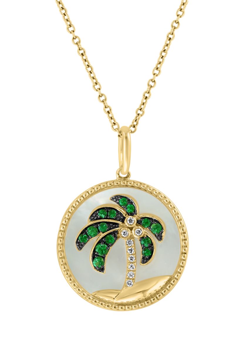 1/10 ct. t.w. Diamond, 4 ct. t.w. Tsavorite, Mother of Pearl Pendant Necklace in 14K Yellow Gold