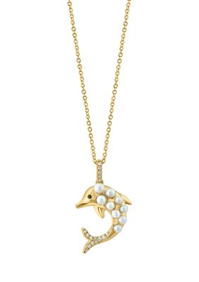 Effy Diamond, Black Diamond And Freshwater Pearl Dolphin Pendant Necklace In 14K Yellow Gold