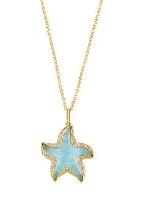 Effy 1/10 Ct. T.w. Diamond, Quartz Crystal And Amazonite Starfish Pendant Necklace In 14K Yellow Gold