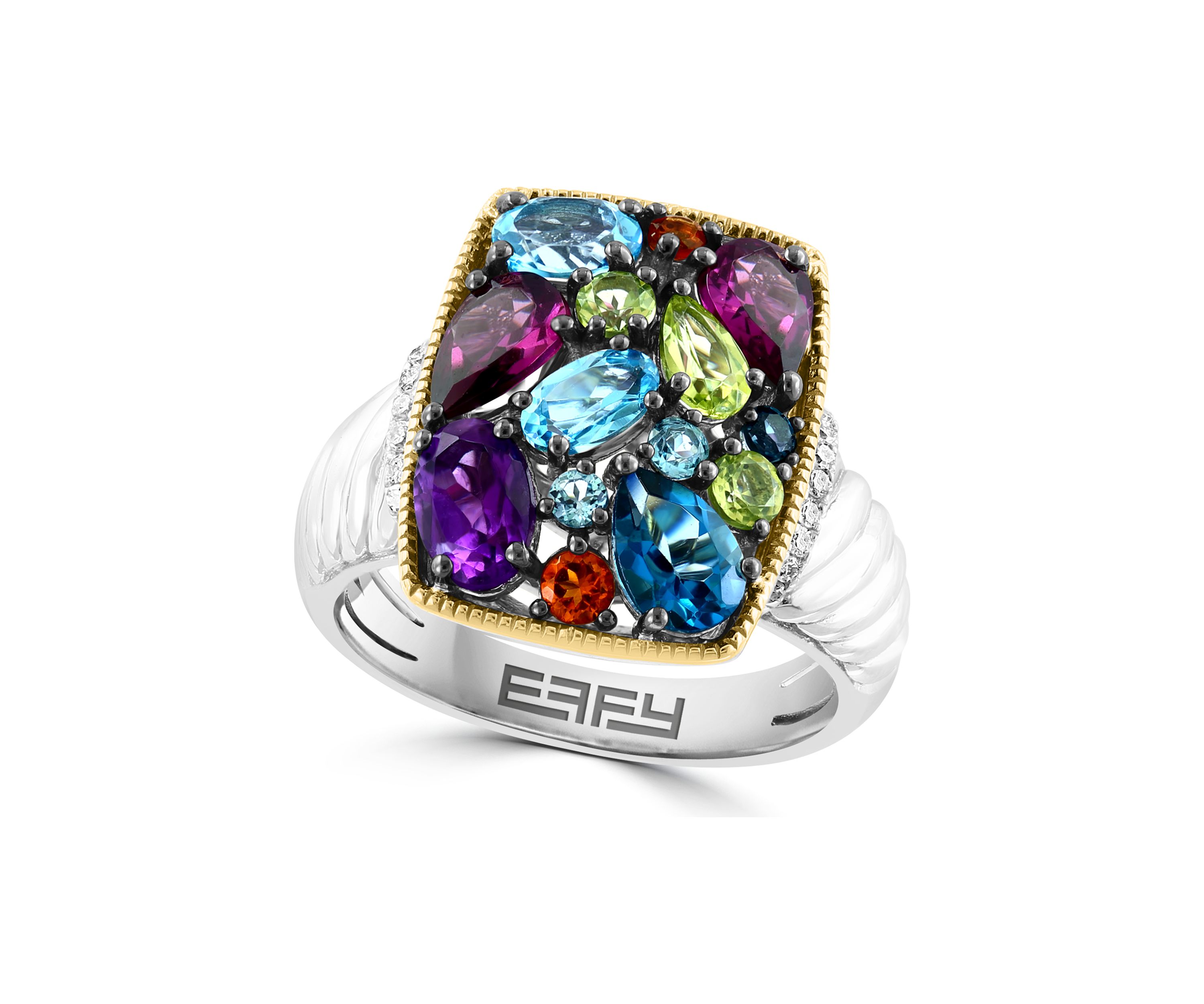 Diamond, Amethyst, Blue Topaz, London Blue Topaz, Citrine, Rhodolite, and Peridot Ring in 18K Yellow Gold Over Sterling Silver