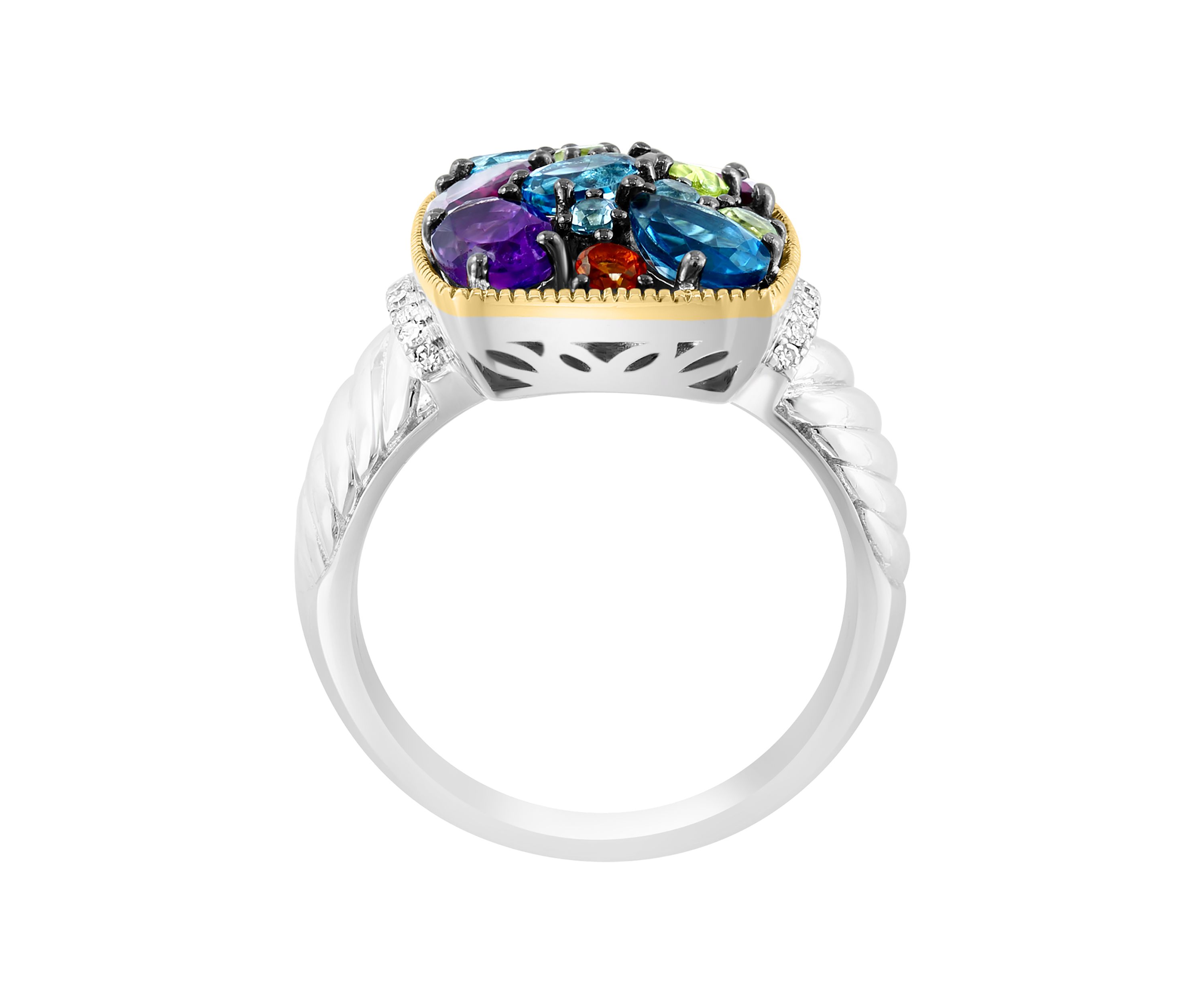 Diamond, Amethyst, Blue Topaz, London Blue Topaz, Citrine, Rhodolite, and Peridot Ring in 18K Yellow Gold Over Sterling Silver