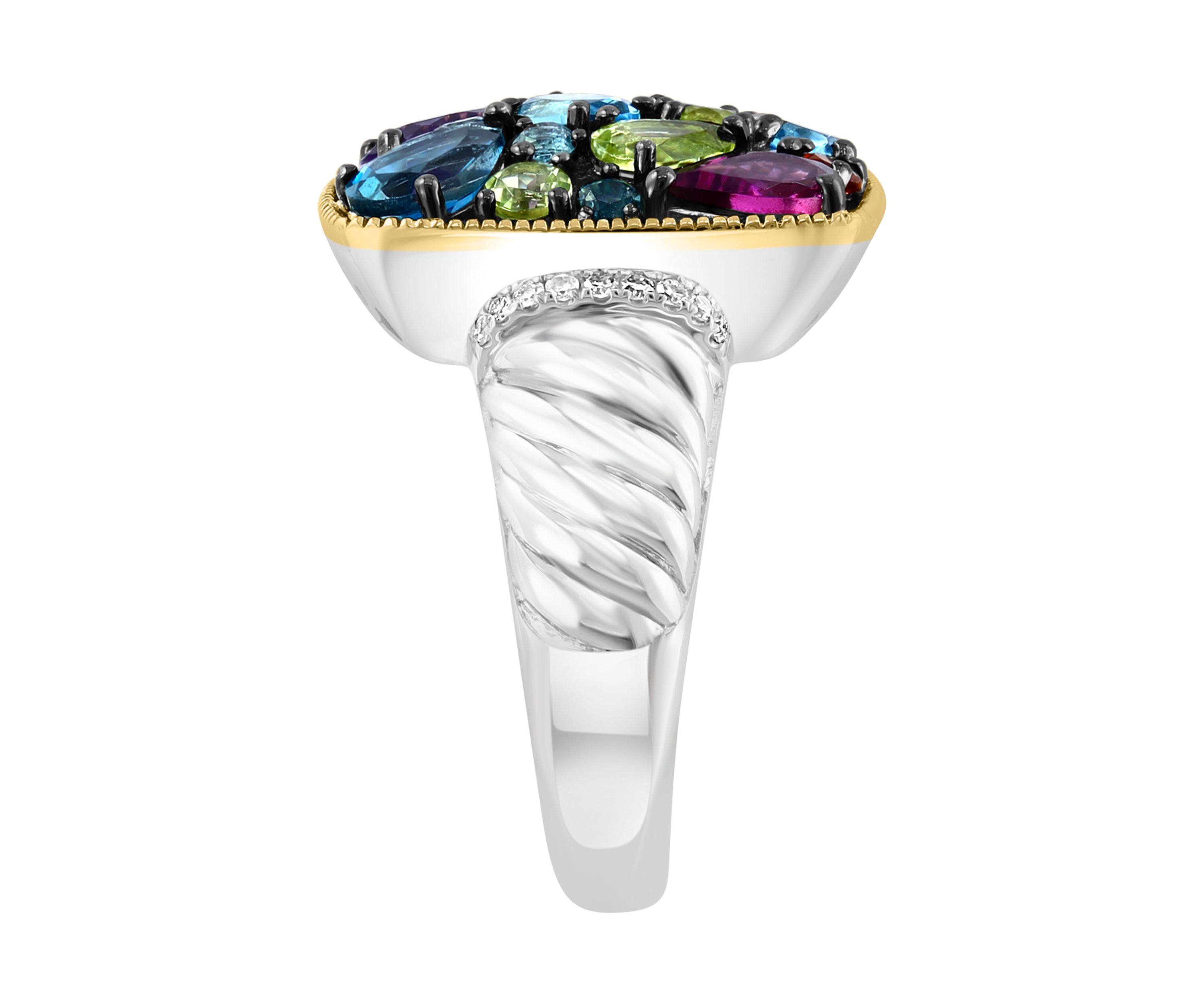 Diamond, Amethyst, Blue Topaz, London Blue Topaz, Citrine, Rhodolite, and Peridot Ring in 18K Yellow Gold Over Sterling Silver