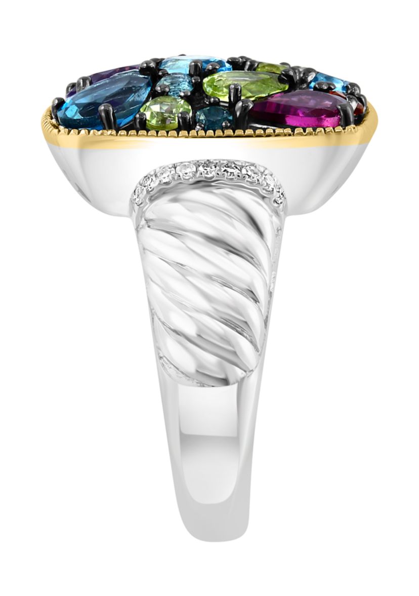 Diamond, Amethyst, Blue Topaz, London Blue Topaz, Citrine, Rhodolite, and Peridot Ring in 18K Yellow Gold Over Sterling Silver