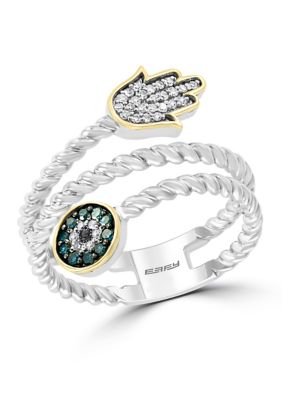 Effy 1/6 ct. t.w. Diamond, Black Diamond and Blue Diamond Ring in Sterling Silver and 14K Yellow Gold