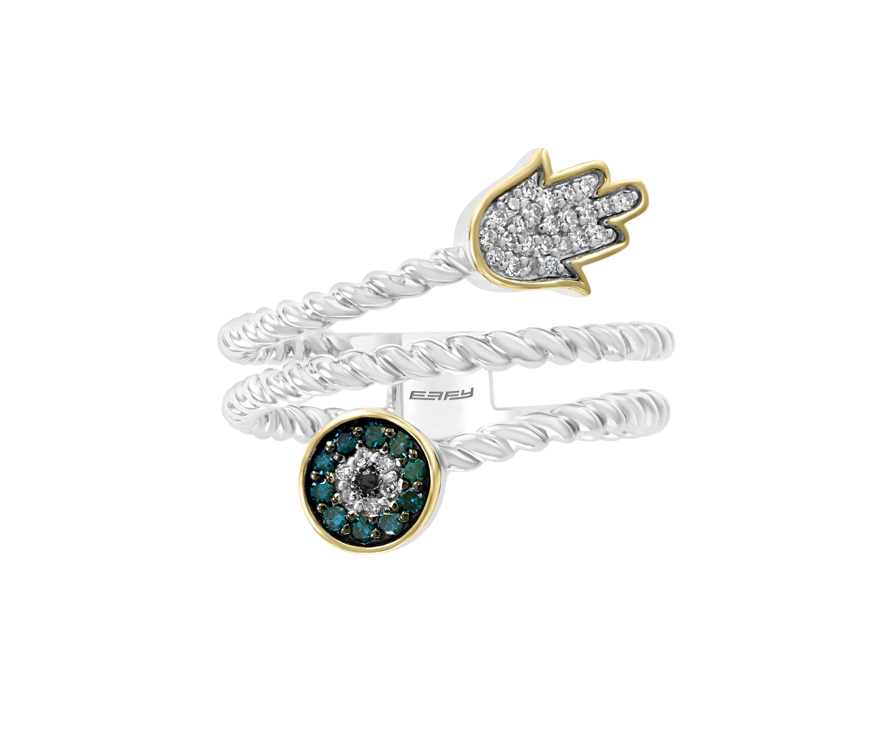 1/6 ct. t.w. Diamond, Black Diamond and Blue Diamond Ring in Sterling Silver and 14K Yellow Gold