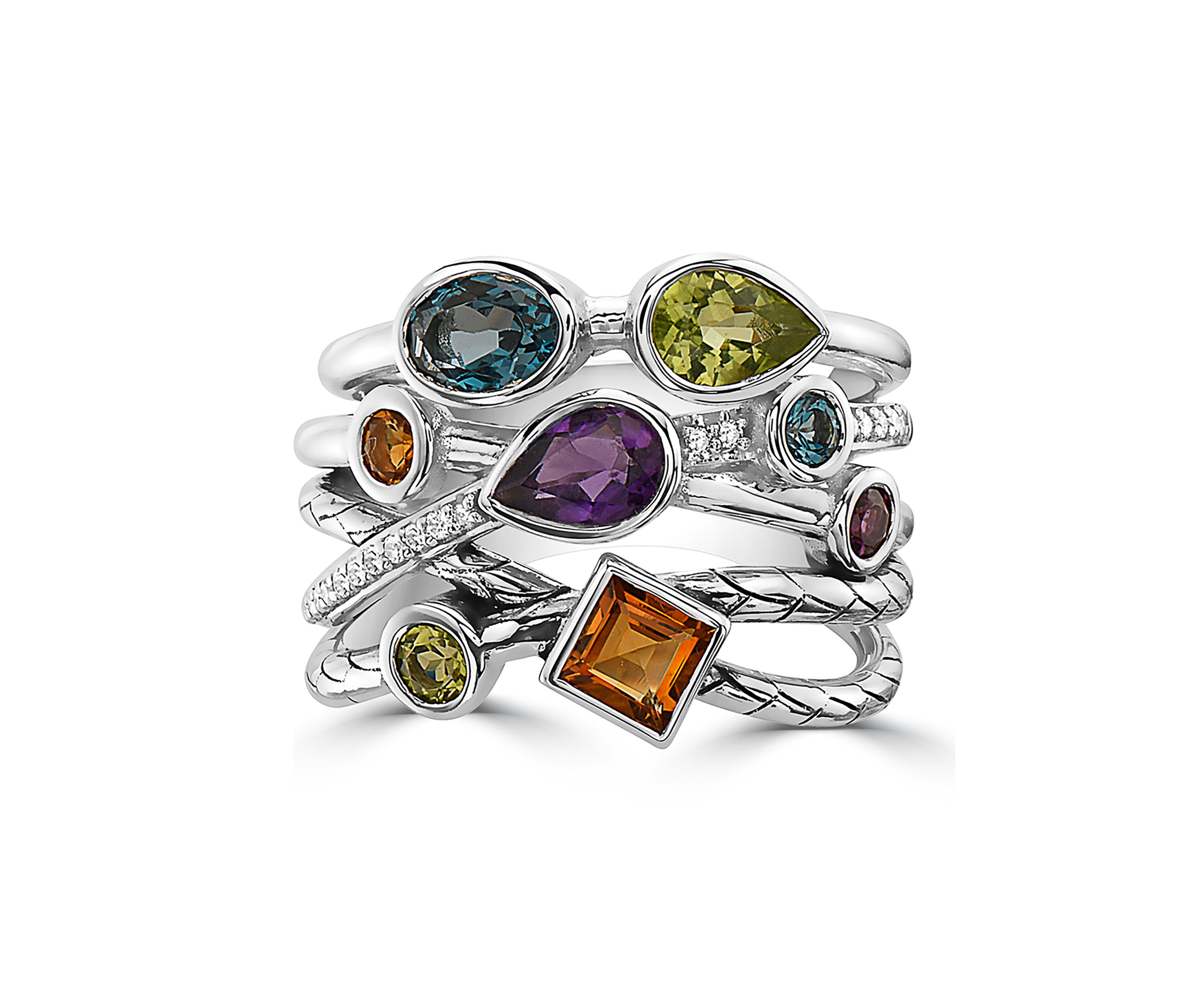 Diamond, Amethyst, London Blue Topaz, Citrine, Rhodolite, Peridot Ring in 925 Sterling Silver