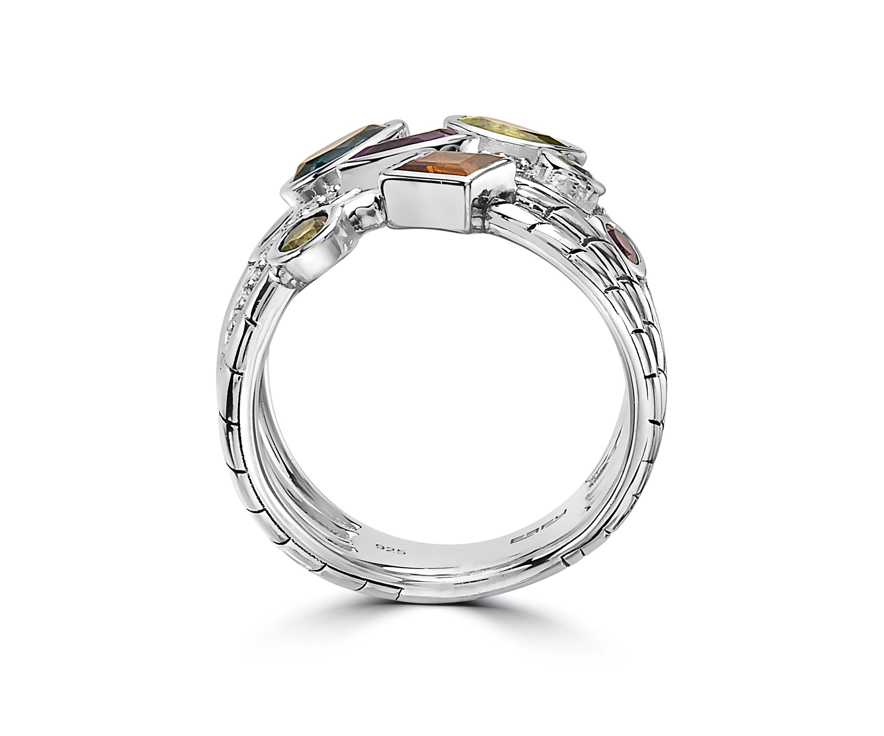 Diamond, Amethyst, London Blue Topaz, Citrine, Rhodolite, Peridot Ring in 925 Sterling Silver