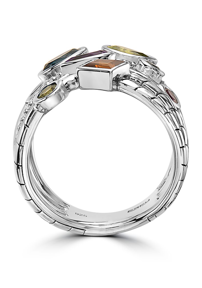Diamond, Amethyst, London Blue Topaz, Citrine, Rhodolite, Peridot Ring in 925 Sterling Silver