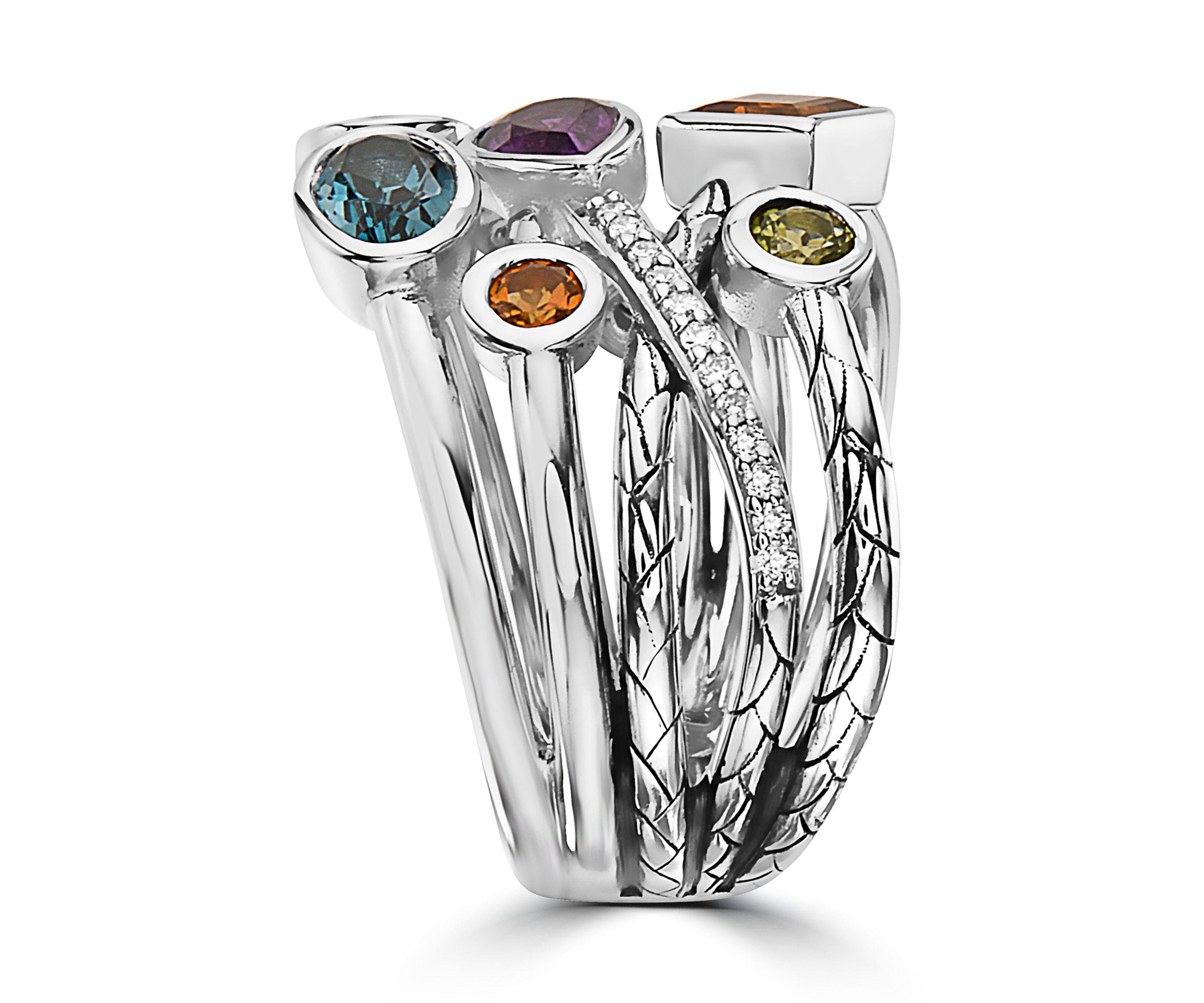 Diamond, Amethyst, London Blue Topaz, Citrine, Rhodolite, Peridot Ring in 925 Sterling Silver