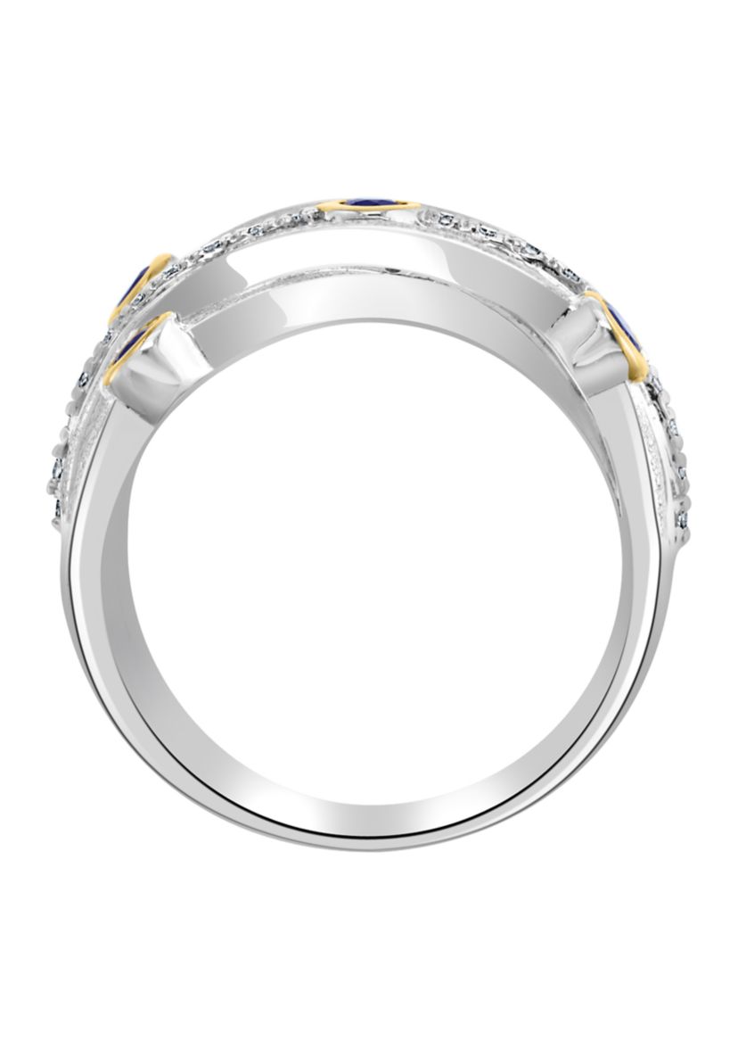Sterling Silver/Gold Over Silver Diamond, Sapphire Ring 