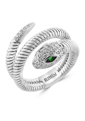 Effy 1/8 Ct. T.w. Diamond And 1/10 Ct. T.w. Tsavorite Snake Ring In Sterling Silver