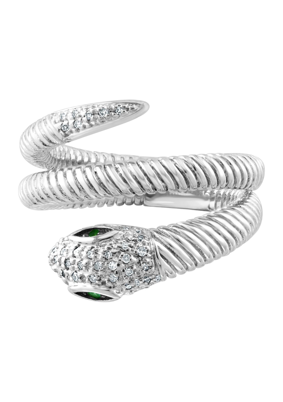 1/8 ct. t.w. Diamond and 1/10 ct. t.w. Tsavorite Snake Ring in Sterling Silver 