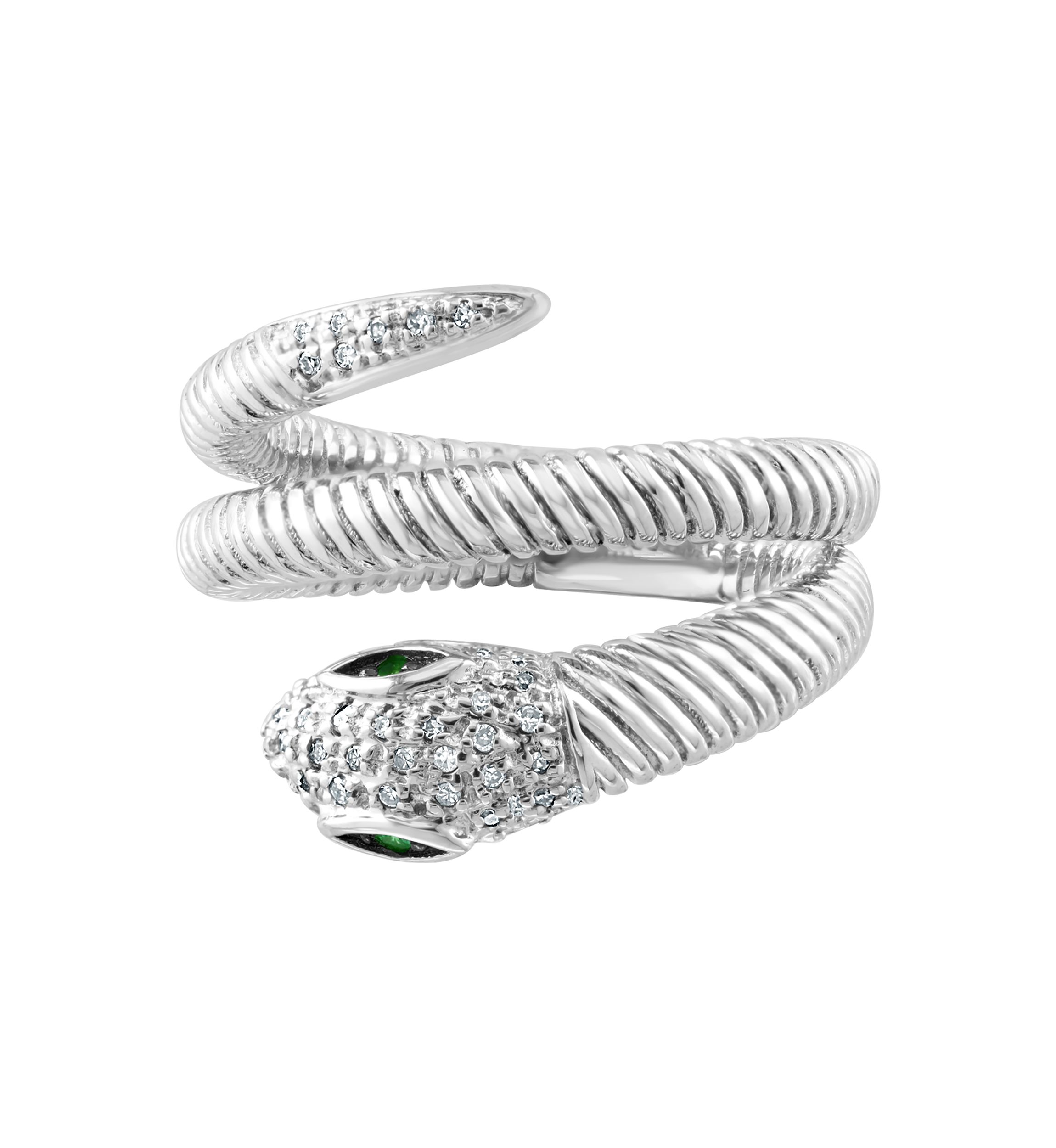 1/8 ct. t.w. Diamond and 1/10 ct. t.w. Tsavorite Snake Ring in Sterling Silver 