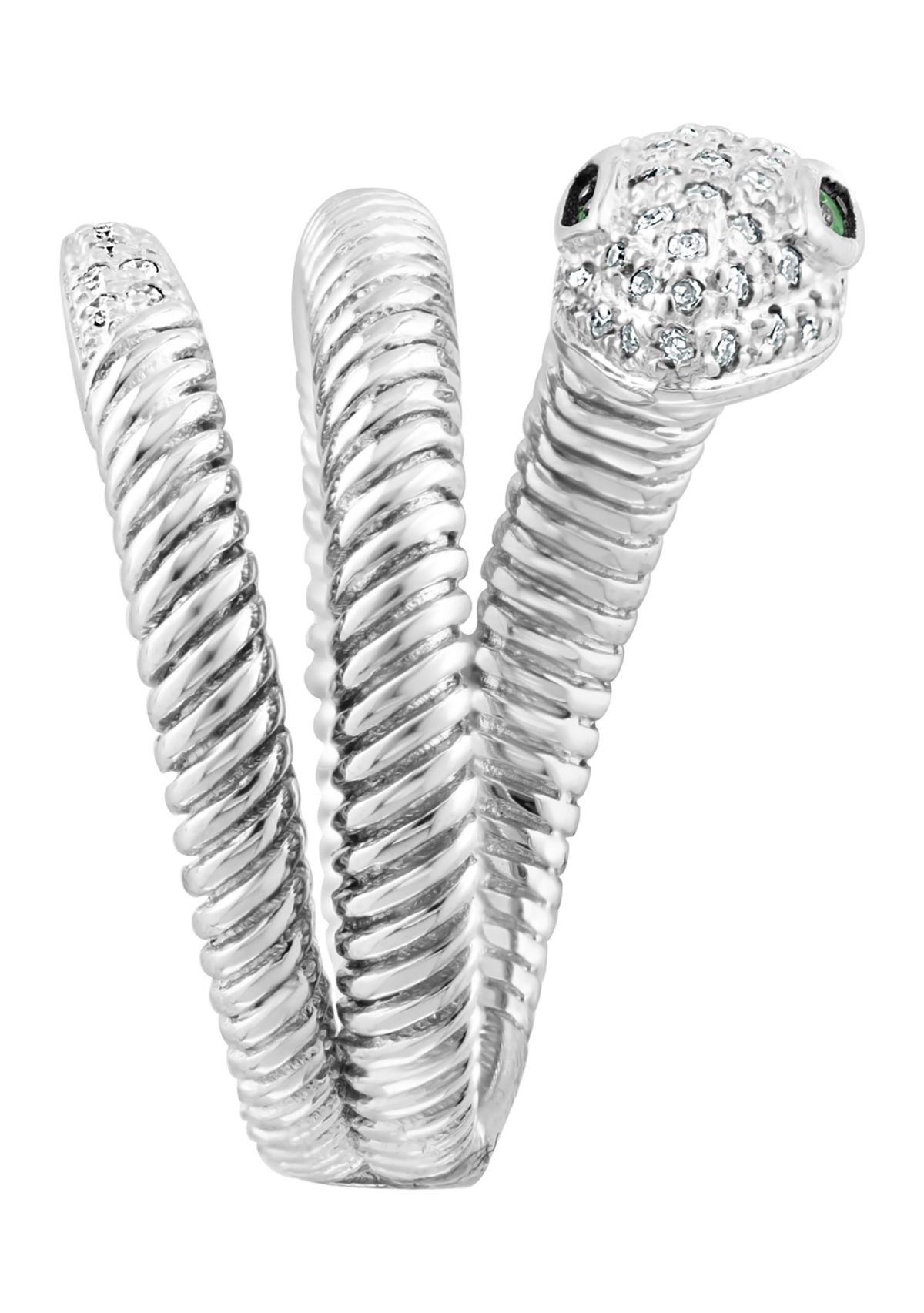 1/8 ct. t.w. Diamond and 1/10 ct. t.w. Tsavorite Snake Ring in Sterling Silver 