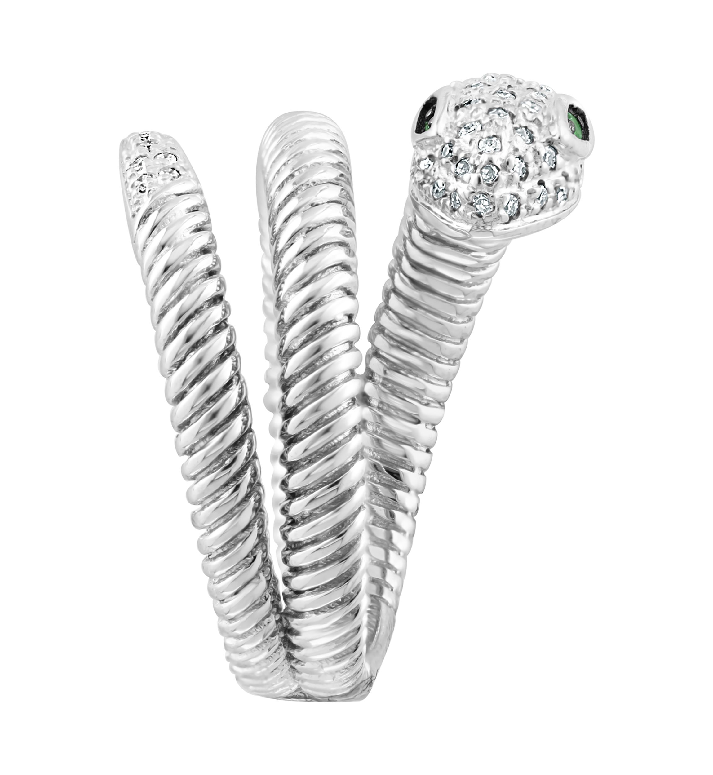 1/8 ct. t.w. Diamond and 1/10 ct. t.w. Tsavorite Snake Ring in Sterling Silver 