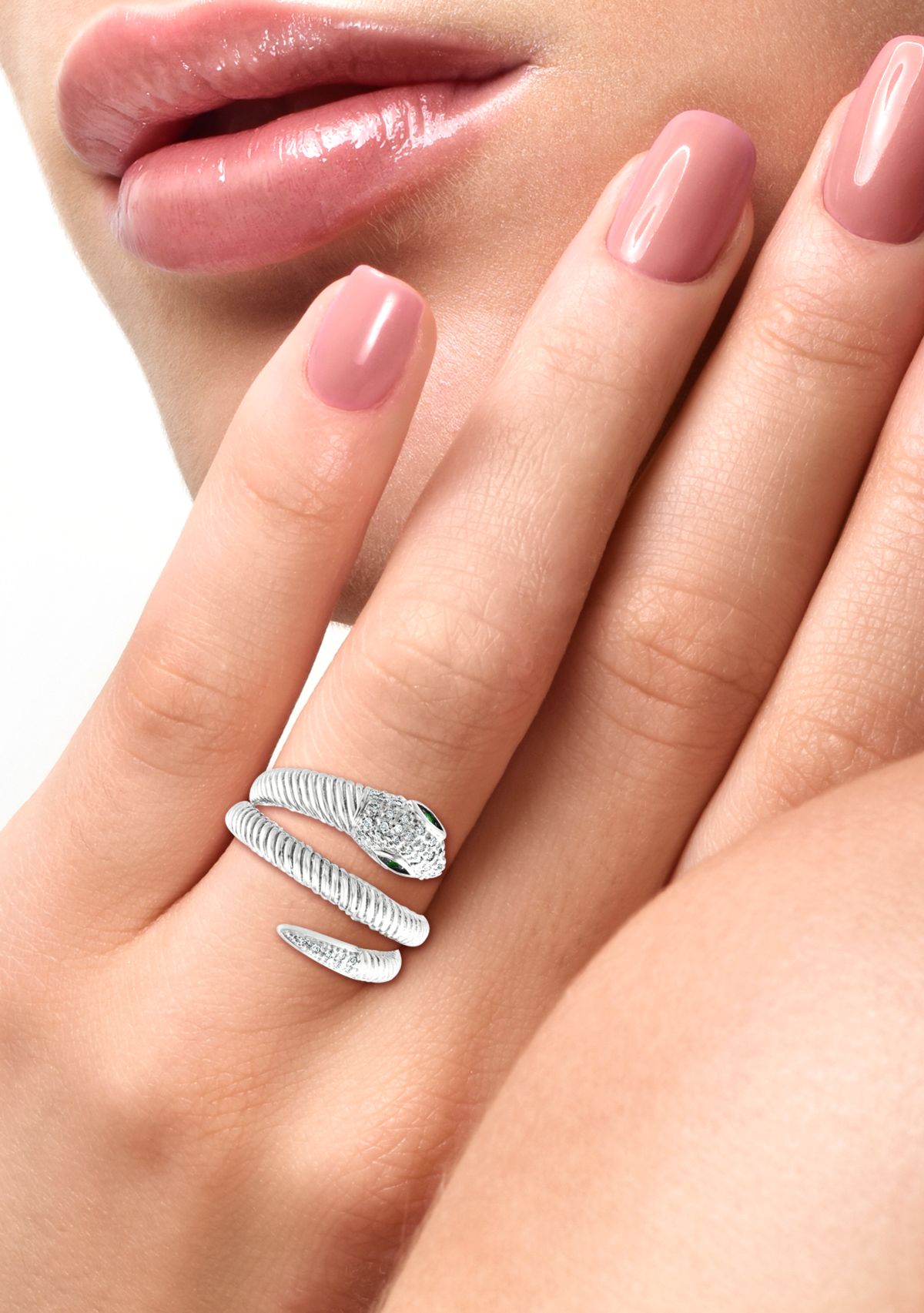 1/8 ct. t.w. Diamond and 1/10 ct. t.w. Tsavorite Snake Ring in Sterling Silver 