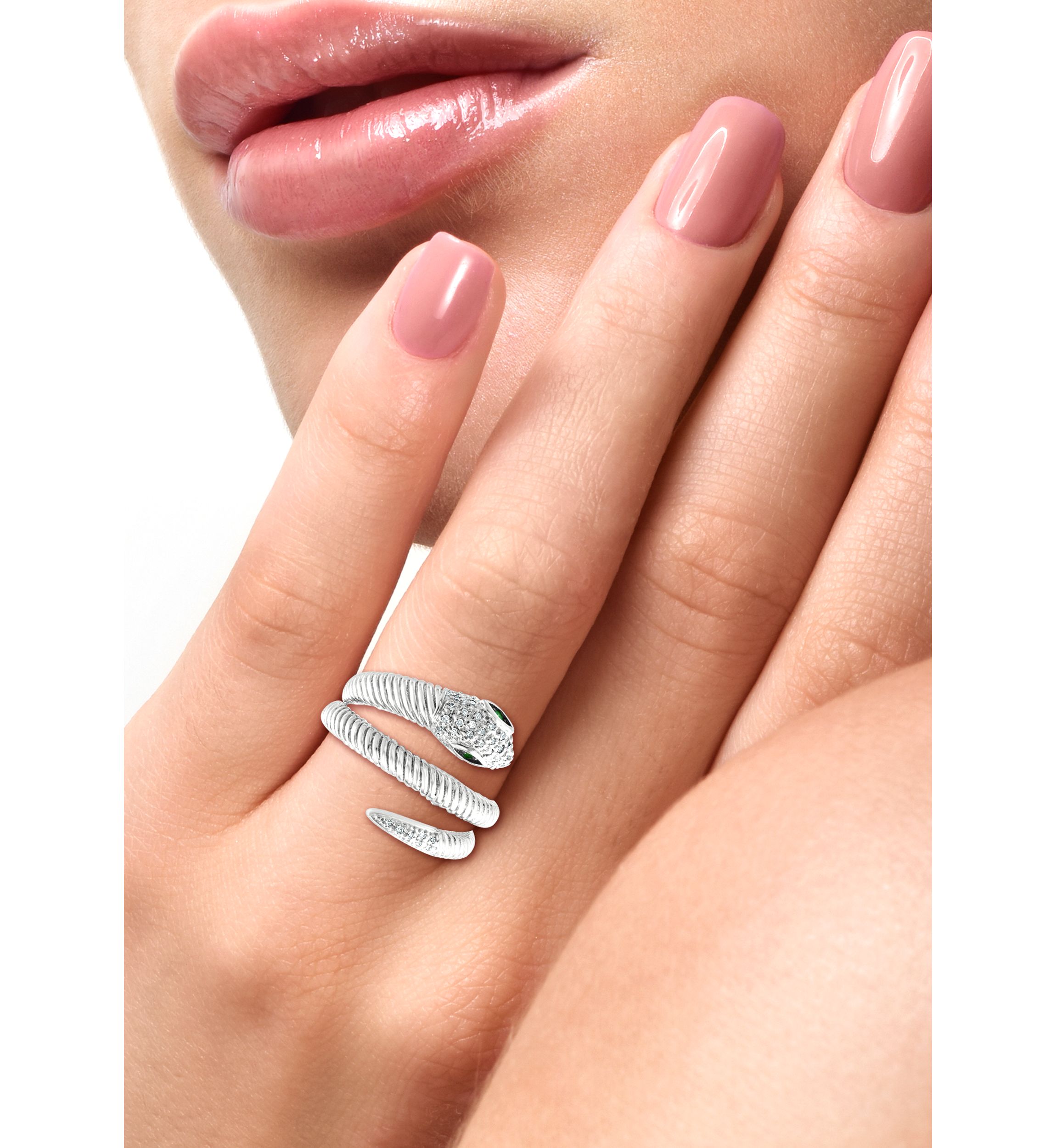 1/8 ct. t.w. Diamond and 1/10 ct. t.w. Tsavorite Snake Ring in Sterling Silver 