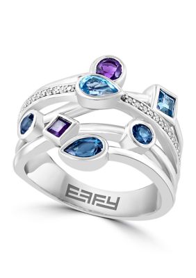 Effy 1/10 Ct. T.w. Diamond, Amethyst, Blue Topaz, London Blue Topaz Ring In 925 Sterling Silver