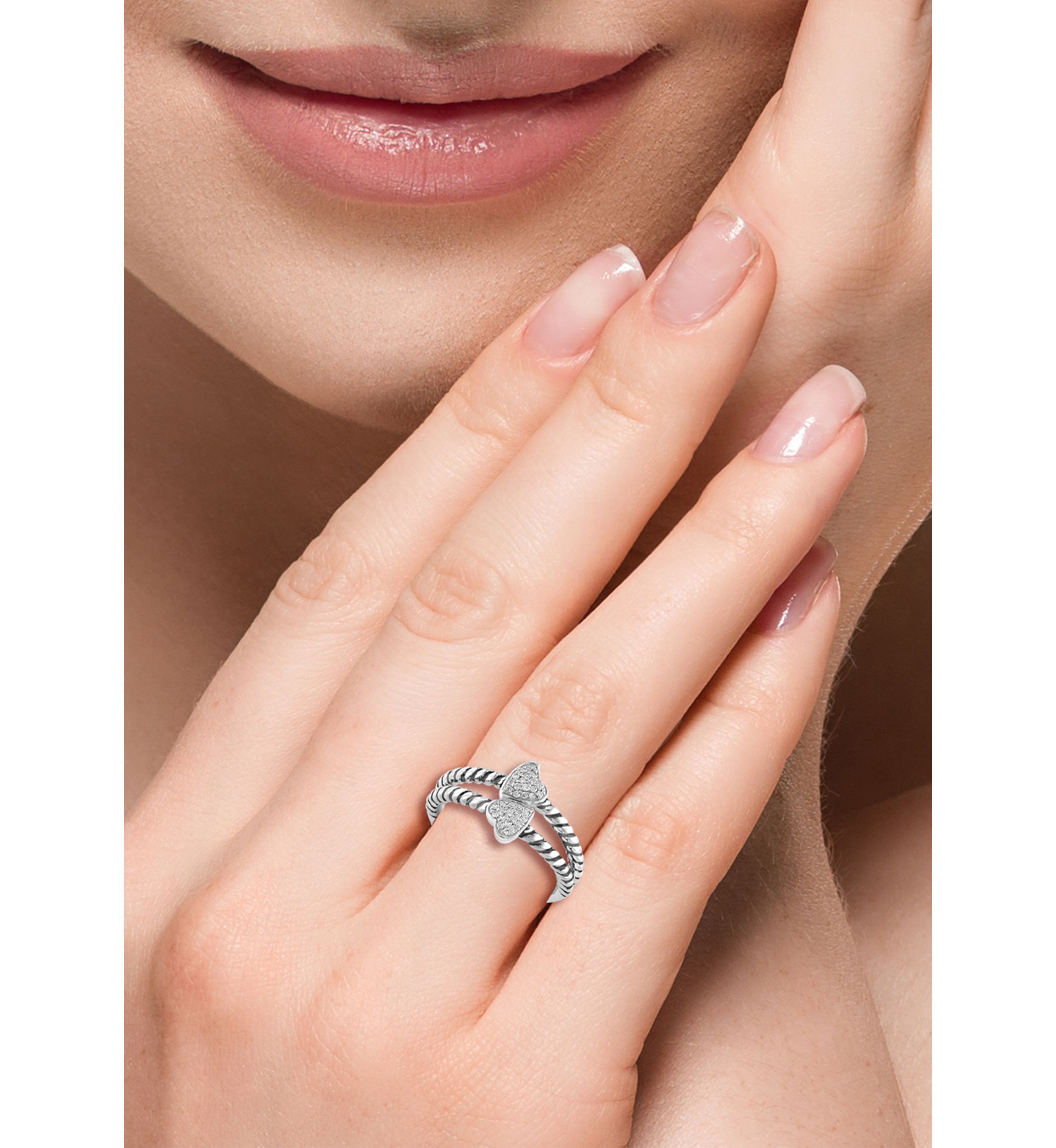 Sterling Silver Diamond Double Heart Ring