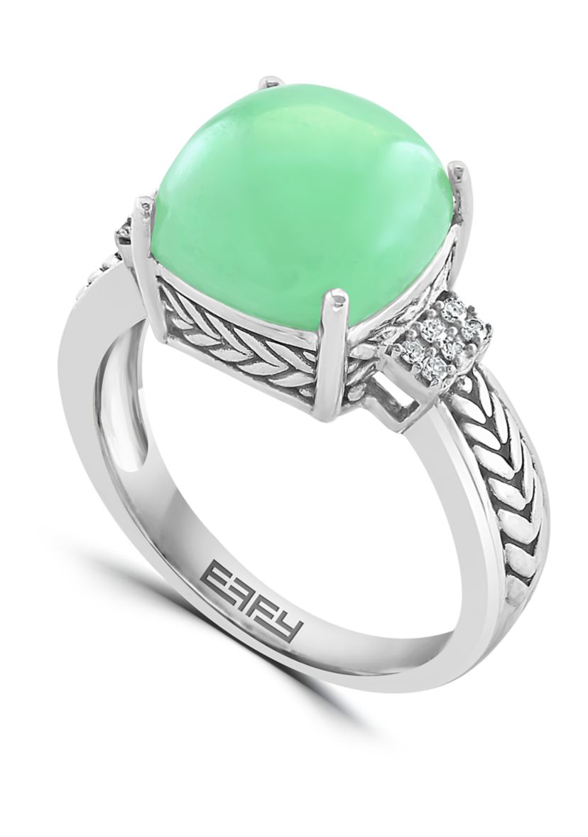 Diamond and Green Jade Ring in Sterling Silver