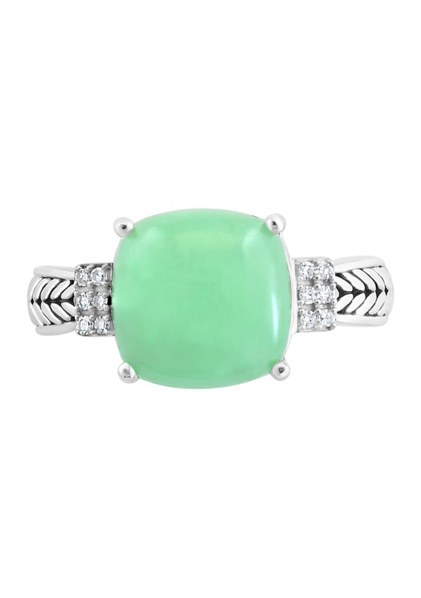 Diamond and Green Jade Ring in Sterling Silver