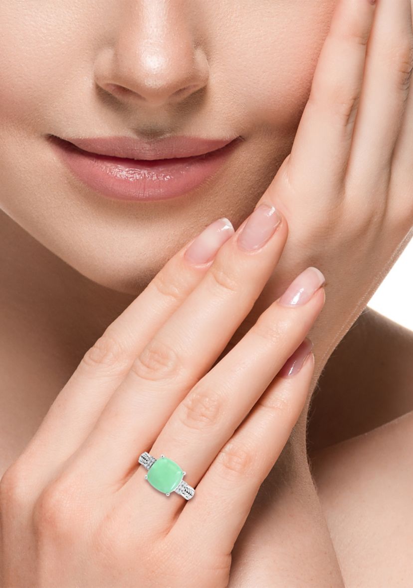 Diamond and Green Jade Ring in Sterling Silver