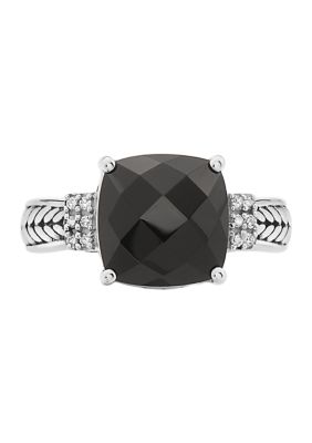 Effy 10 Ct. T.w. Onyx And 1/10 Ct. T.w. Diamond Ring In Sterling Silver