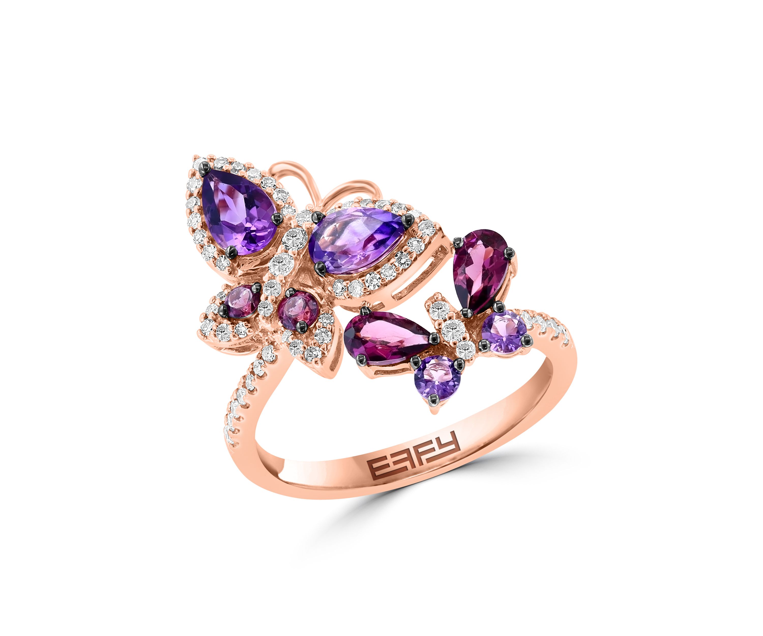 Diamond, Amethyst and Rhodolite Butterfly Ring in 14K Rose Gold