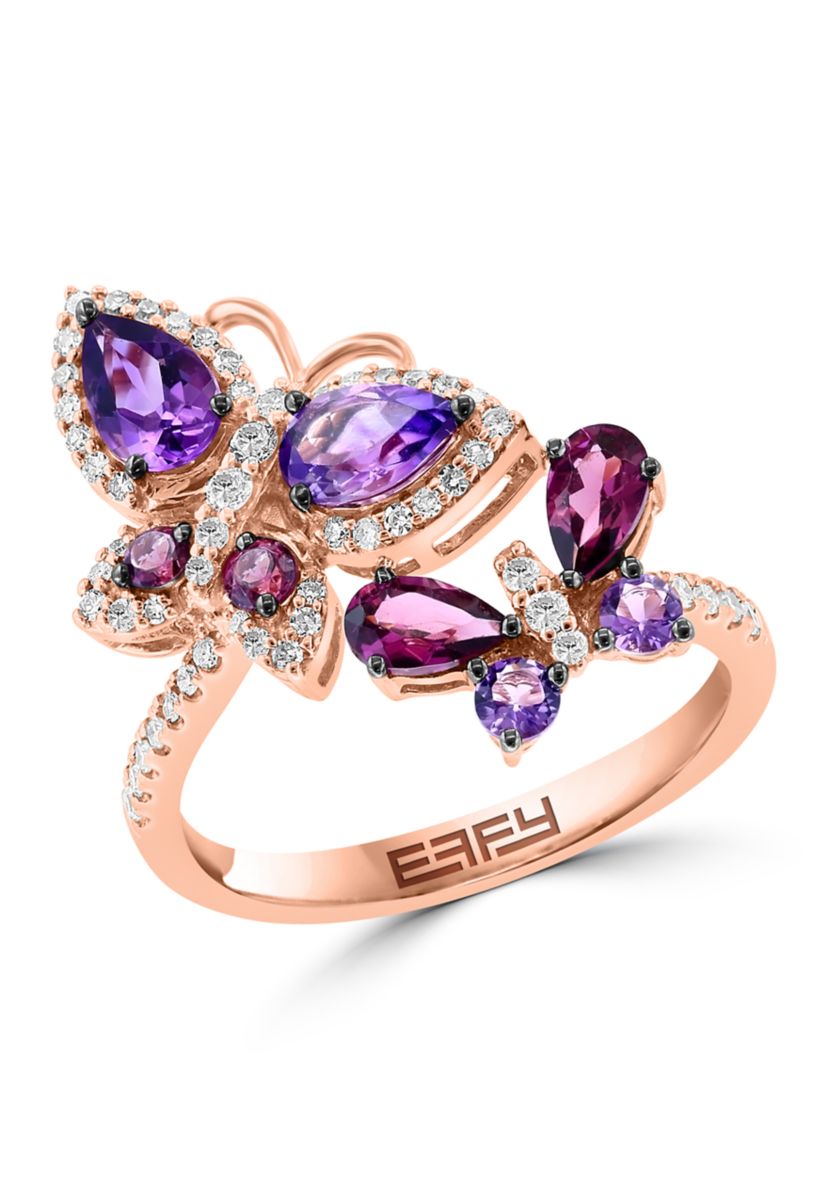 Diamond, Amethyst and Rhodolite Butterfly Ring in 14K Rose Gold