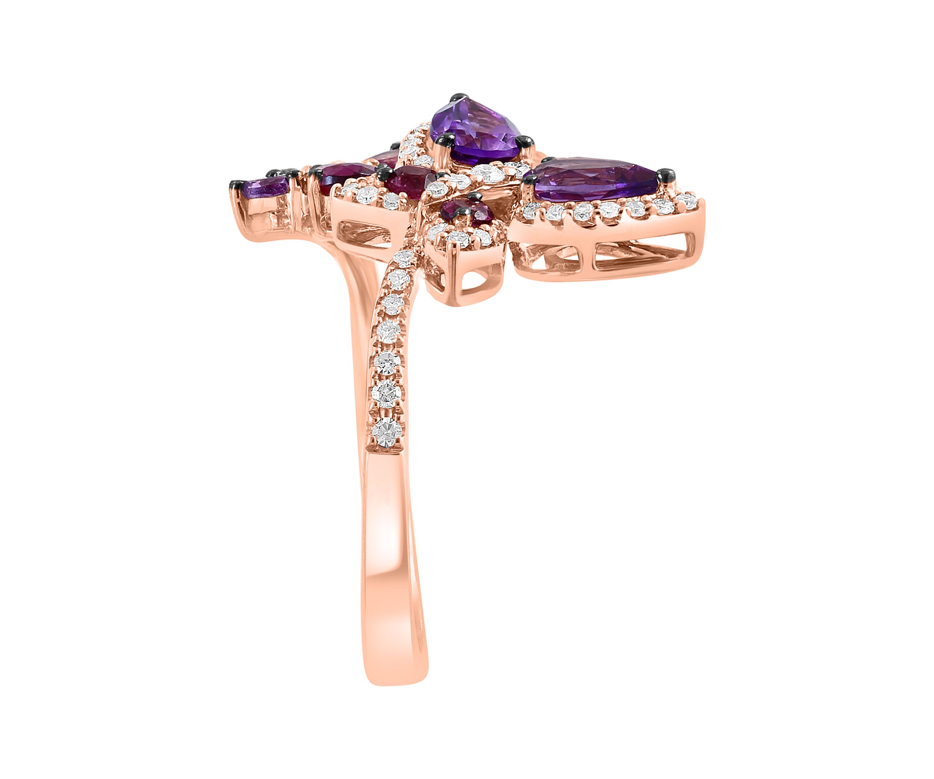 Diamond, Amethyst and Rhodolite Butterfly Ring in 14K Rose Gold