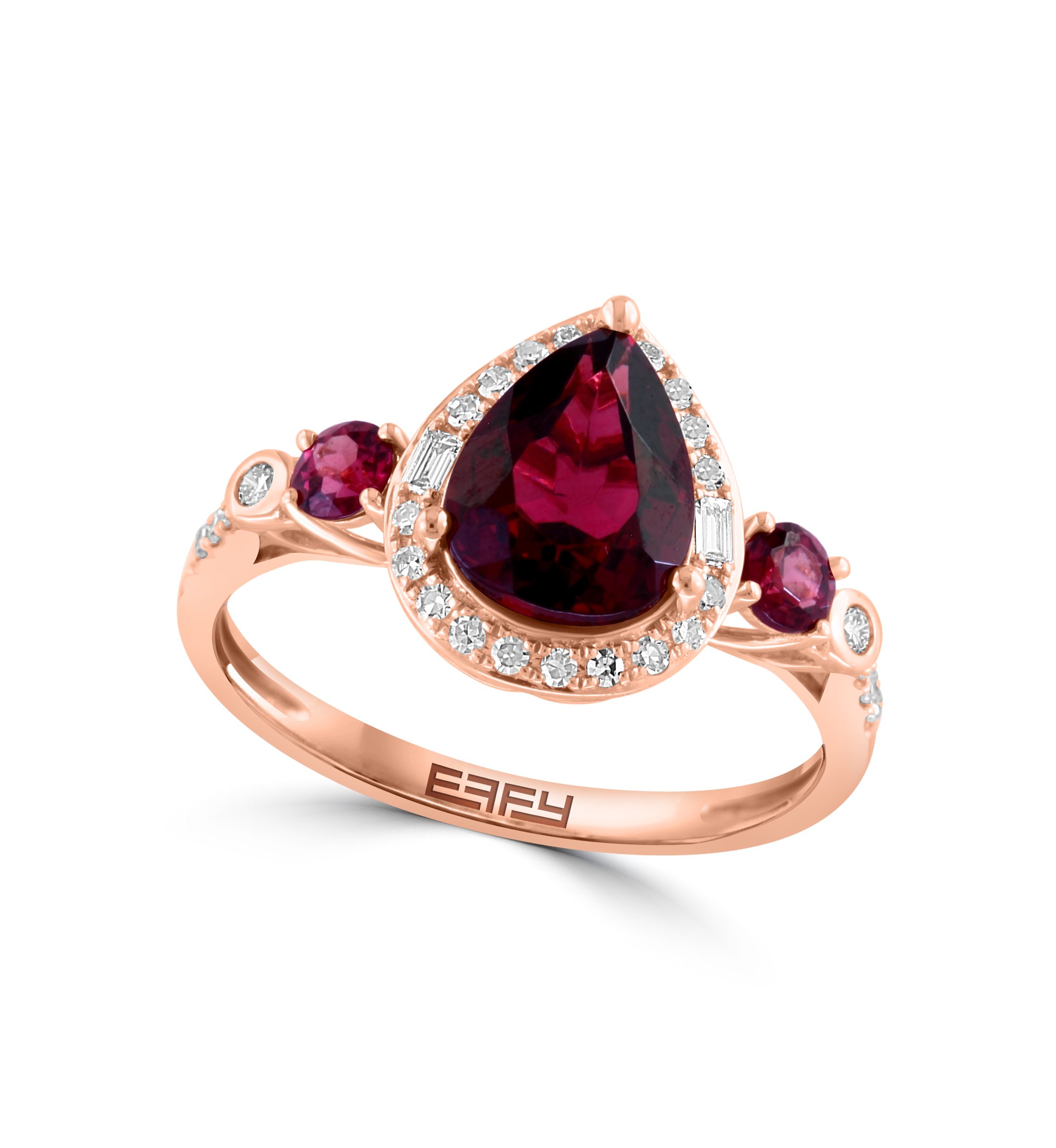 Diamond and Rhodolite Tri Stone Ring in 14K Rose Gold