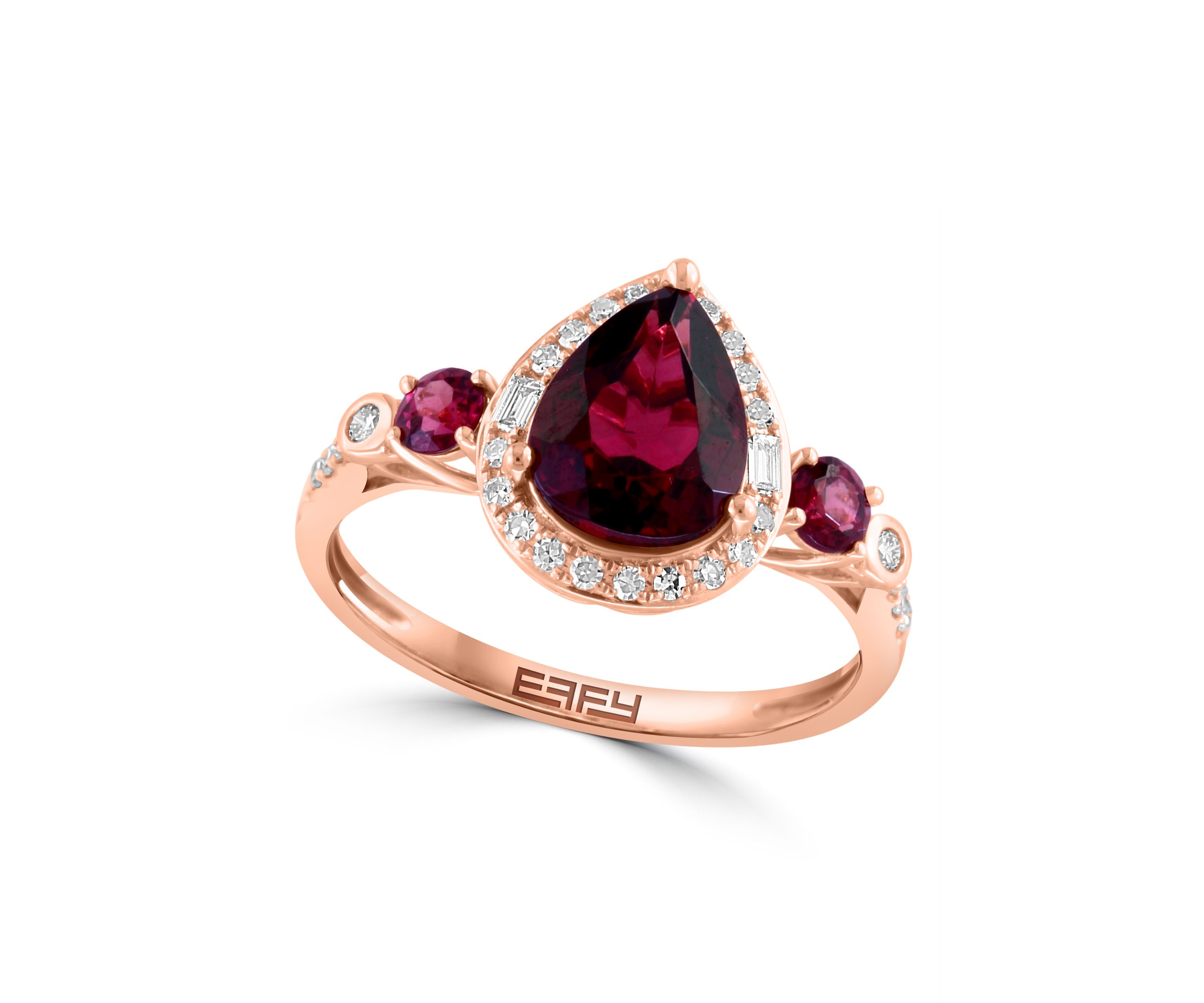 Diamond and Rhodolite Tri Stone Ring in 14K Rose Gold