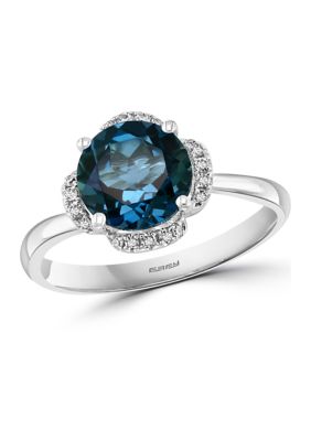 Effy 1/10 Ct. T.w. Diamond And 2 Ct. T.w. London Blue Topaz Flower Ring In 14K White Gold, 7 -  0617892964251