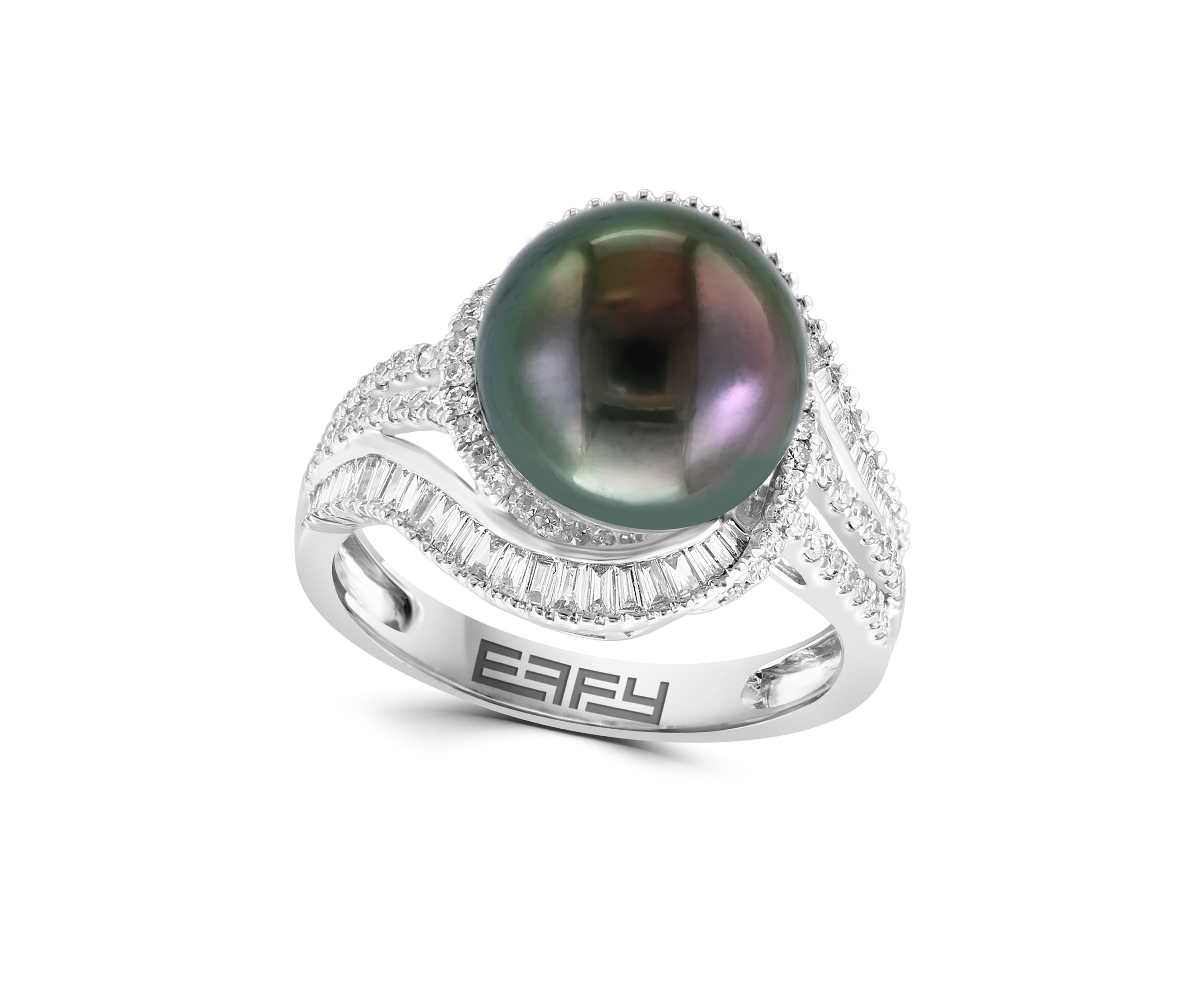  14K White Gold Diamond Black Tahitian Pearl Ring 