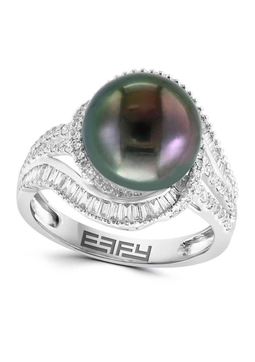  14K White Gold Diamond Black Tahitian Pearl Ring 