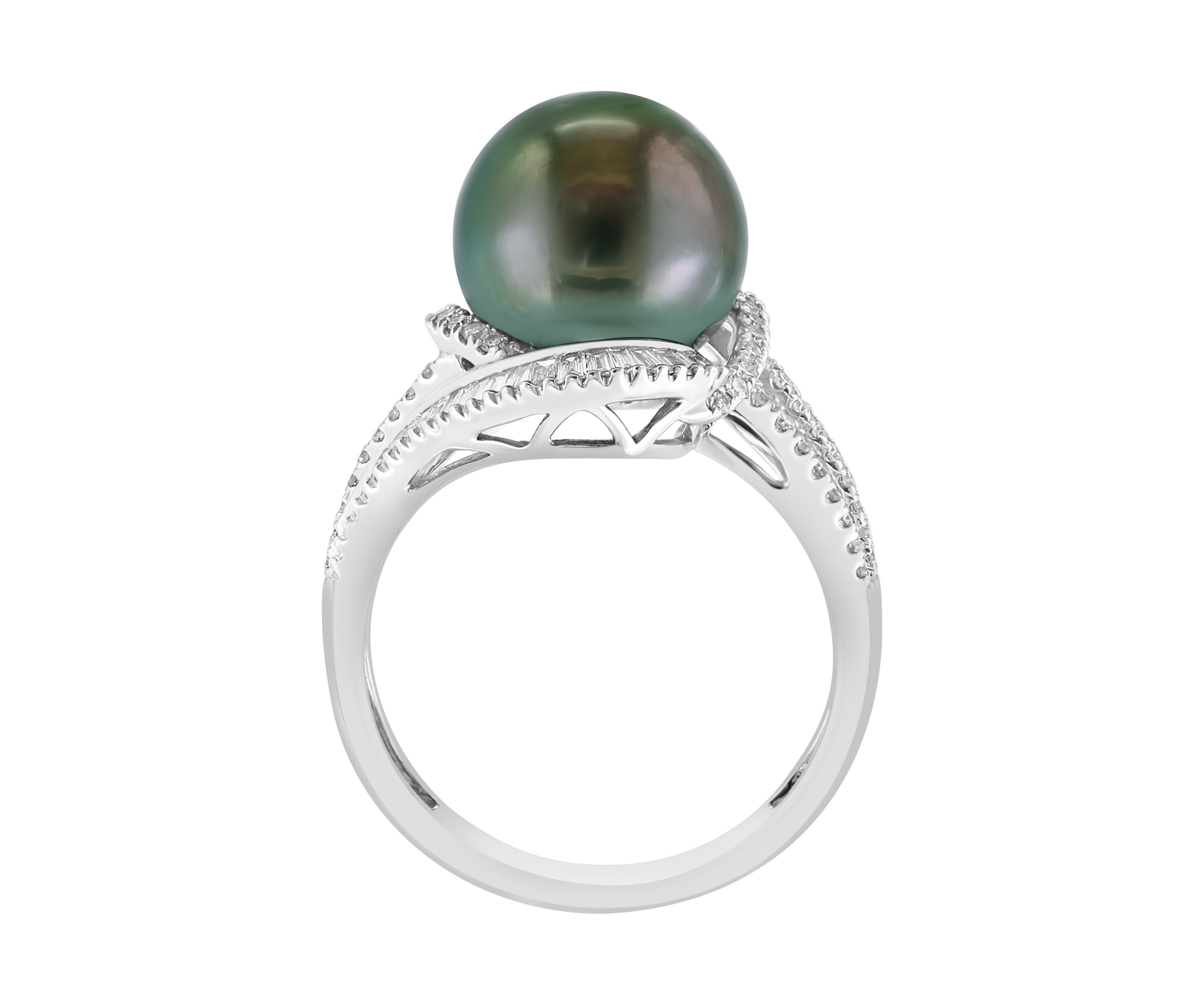 14K White Gold Diamond Black Tahitian Pearl Ring 