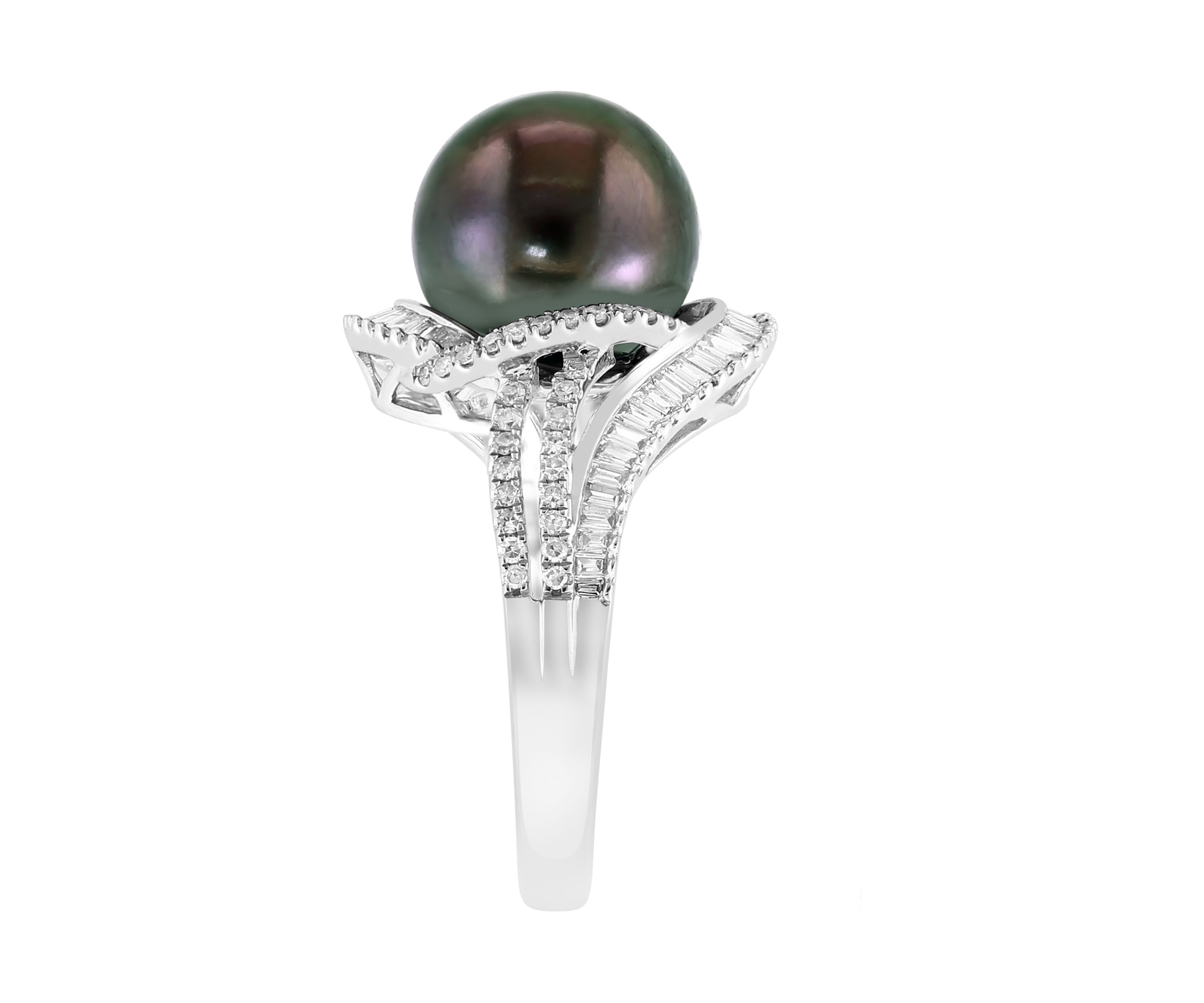  14K White Gold Diamond Black Tahitian Pearl Ring 