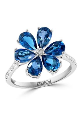 Effy Diamond And London Blue Topaz Flower Ring In 14K White Gold