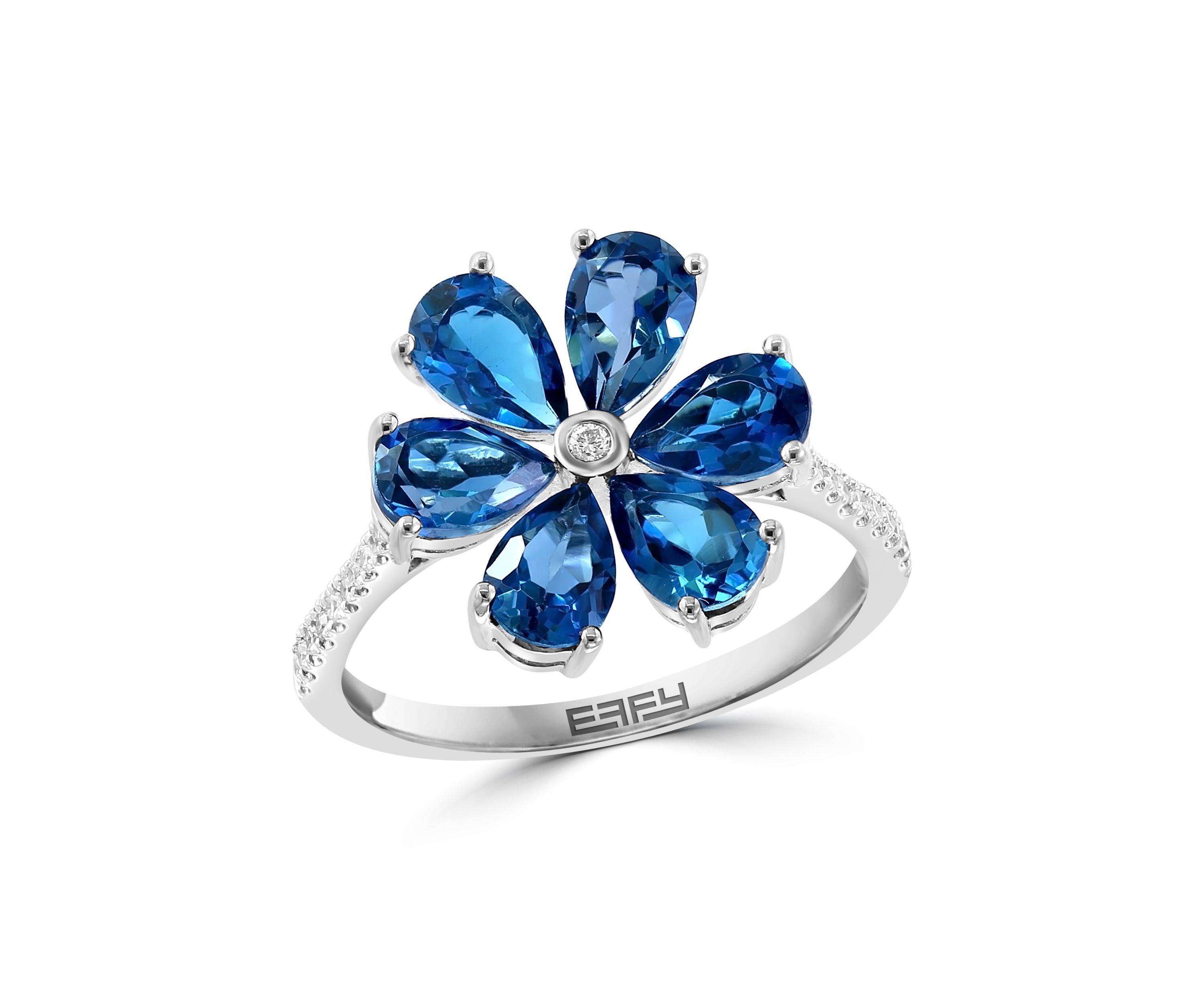 Diamond and London Blue Topaz Flower Ring in 14K White Gold