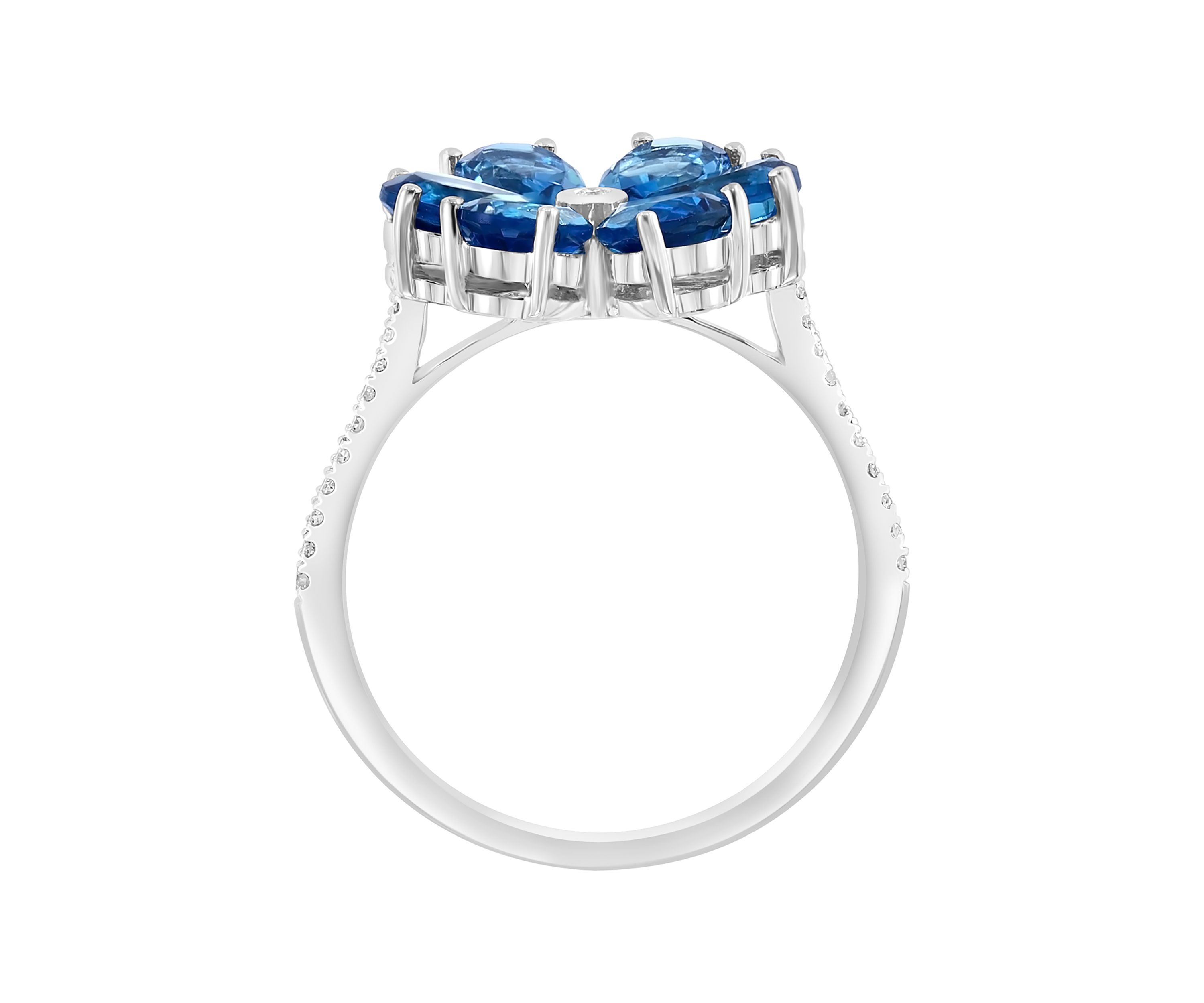 Diamond and London Blue Topaz Flower Ring in 14K White Gold