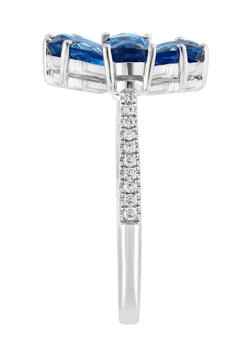 Diamond and London Blue Topaz Flower Ring in 14K White Gold