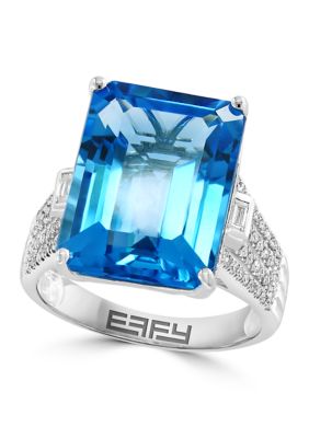 Effy 1/4 ct. t.w. Diamond, 13.5 ct. t.w. Blue Topaz Ring in 14K White Gold, 7