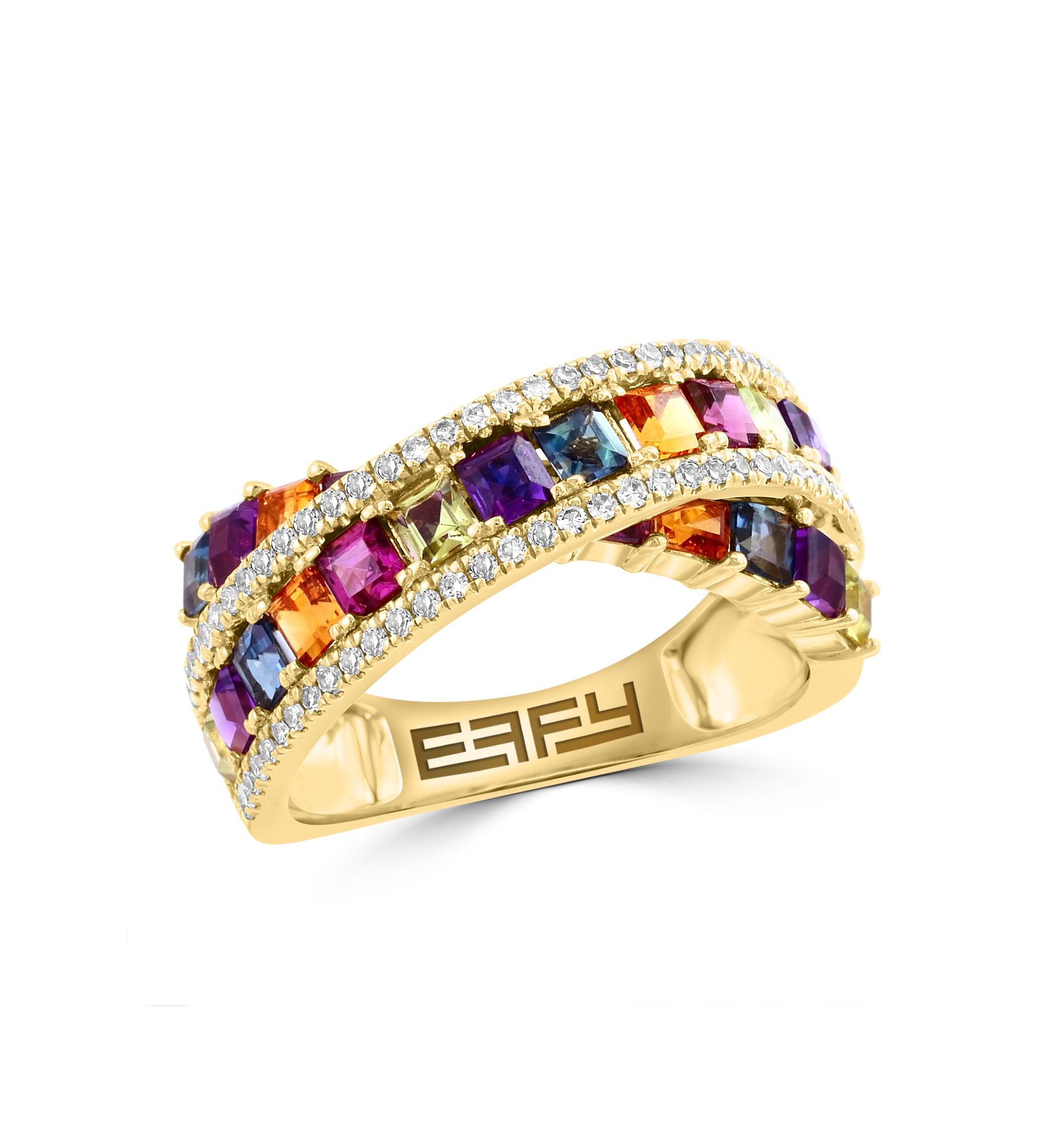 14K Yellow Gold Diamond, Amethyst, London Blue Topaz, Citrine, Rhodolite, Peridot Ring 