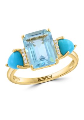 Effy 14K Yellow Gold Diamond, Blue Topaz, and Turquoise Ring