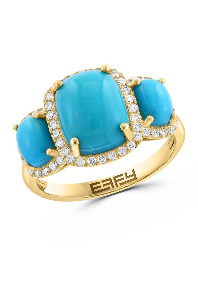 14K Yellow Gold Diamond, Turquoise Ring 
