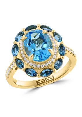 Effy 14K Yellow Gold Diamond and Blue Topaz Ring