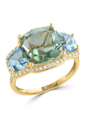 Effy Diamond, Green Amethyst, Sky Blue Topaz Ring in 14K Yellow Gold