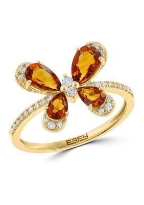 Effy 1/6 ct. t.w. Diamond and 1.2 ct. t.w. Madera Citrine Butterfly Ring in 14K Yellow Gold, 7
