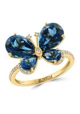 Effy 1/8 ct. t.w. Diamond and 5.5 ct. t.w. London Blue Topaz Butterfly Ring in 14K Yellow Gold, 7